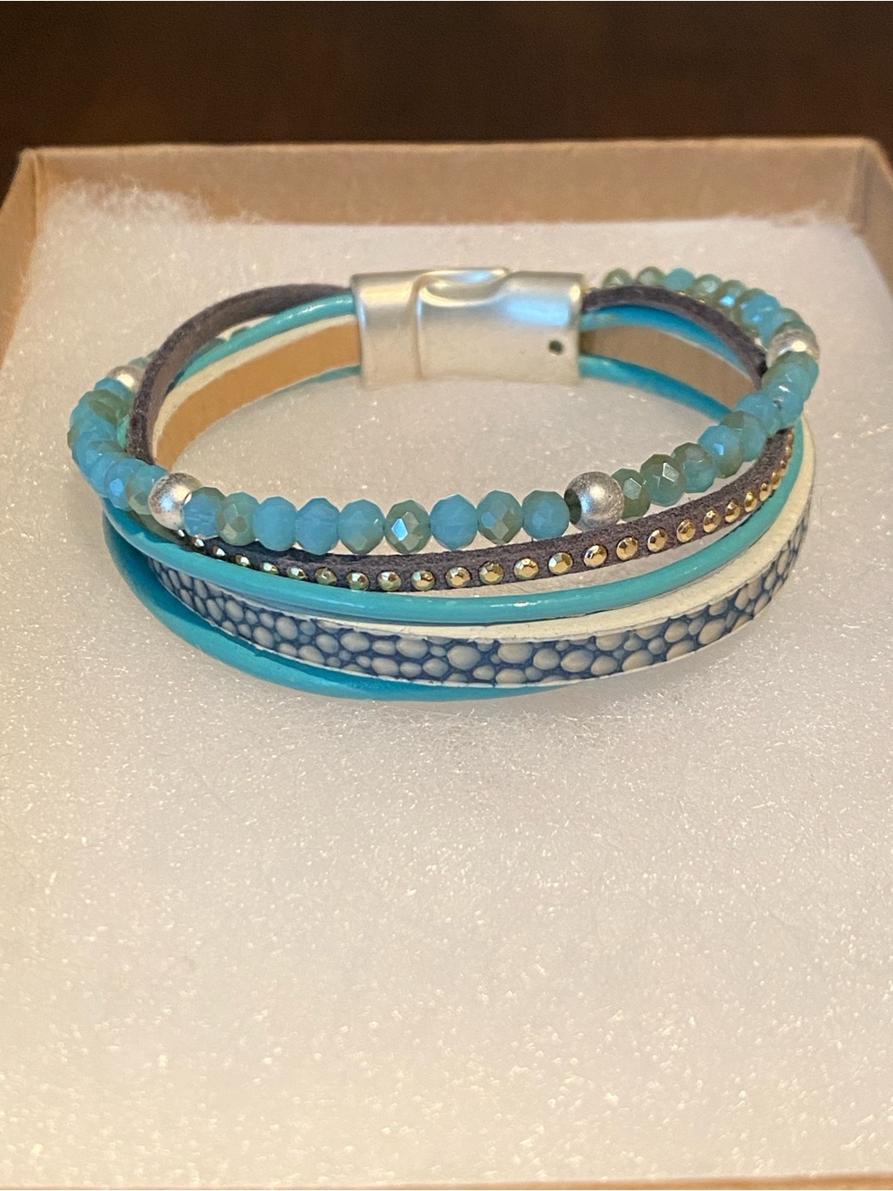 NWOT Turquoise Multi-Row Beaded & Leather Wrap Bracelet